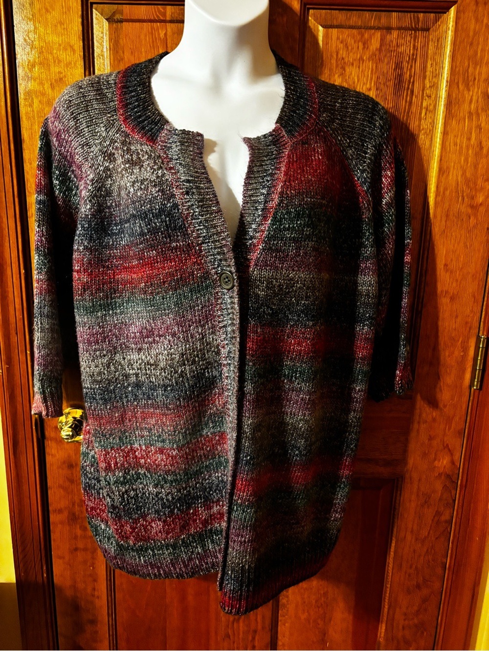 Liz & Me Multicolor Striped Open-Front Cardigan in Red, Green, Gray